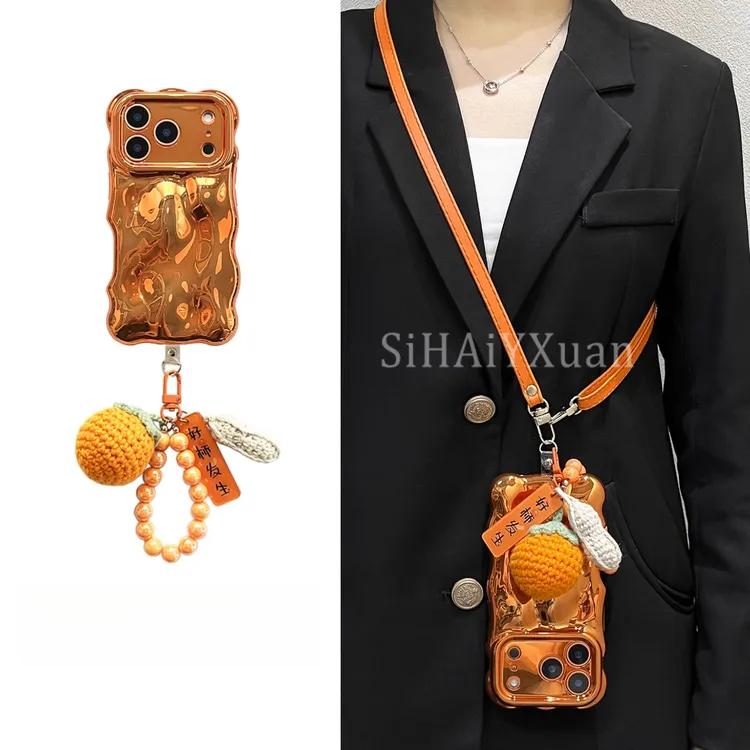 高级感ins风橙色好柿发生挂件斜跨适用苹果17promax手机壳17pro女