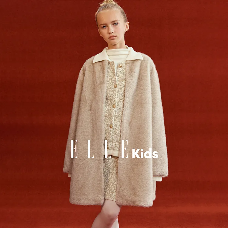 ELLEKIDS童装 秋冬环保皮草贵气大衣圆领百搭中长仿貂毛毛外套D6