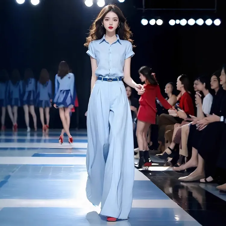 夏季女装时尚气质两件套2025新款洋气百搭减龄薄款衬衫高腰阔腿裤