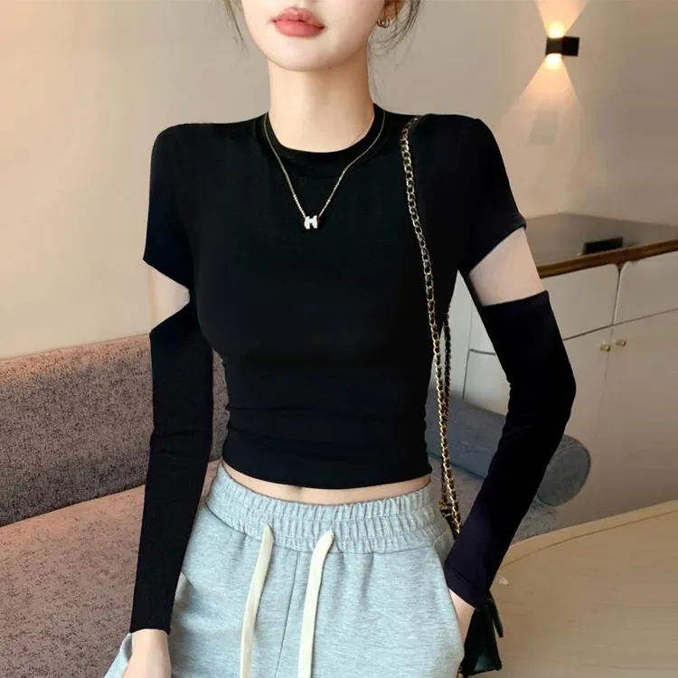 螺纹黑色半高领打底衫女春秋内搭露脐上衣辣妹紧身短款设计感长袖