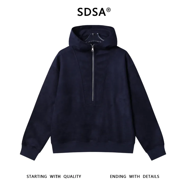SDSA男士秋冬新款痞帅男装潮牌简约纯色半拉链连帽卫衣慵懒风上衣