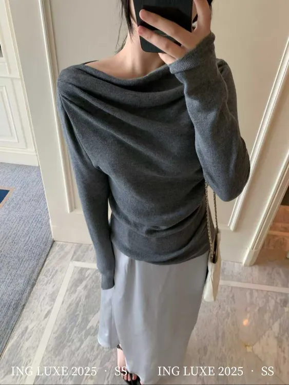 毛衣女不规则设计感长袖针织衫秋冬打底外穿上衣百搭气质显瘦