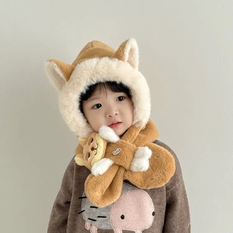 儿童帽子秋冬季保暖加厚毛绒一体围巾帽男孩女宝宝可爱防风护耳帽