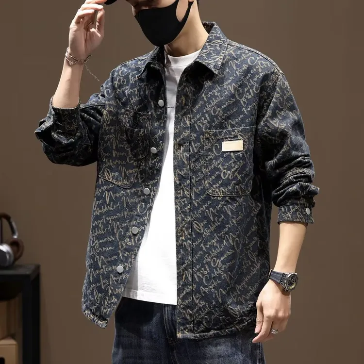 牛仔衬衫男士2025秋冬新款高端翻领休闲长袖衬衣外套加绒提花复古