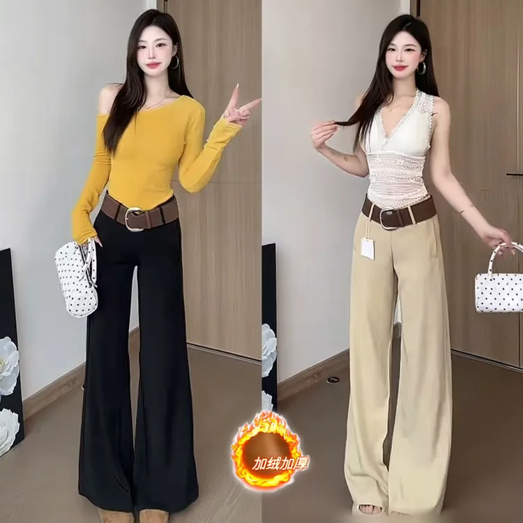 黑色中腰2025休闲裤女秋冬卡其长裤宽松阔腿裤拖地喇叭裤灰