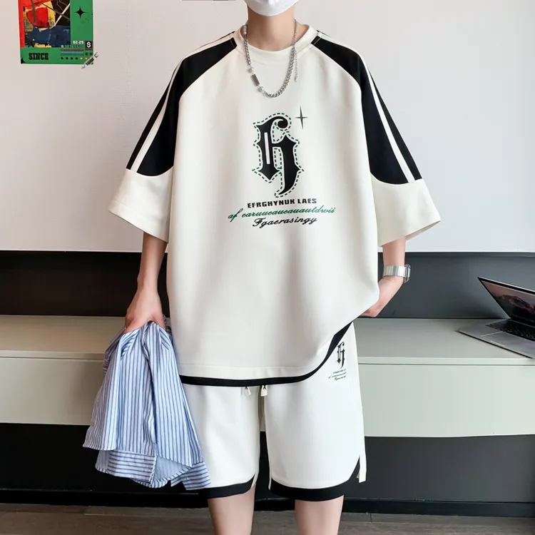 夏季青少年凉感百搭宽松潮流男生薄款两件套T恤短袖休闲运动套装