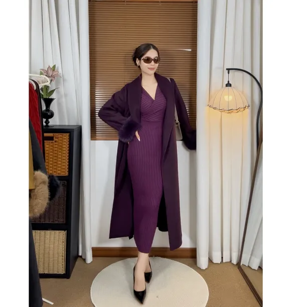 紫色双面羊毛大衣女长款2025秋冬新款韩系宽松气质高端毛呢外套