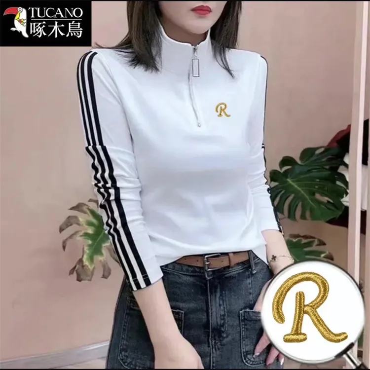 啄木鸟2025年新款拉链字母绣花T恤春秋洋气修身百搭半开领上衣女