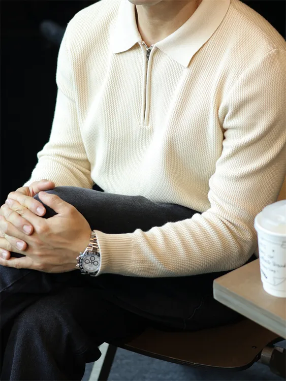 简素Design垂感亲肤半拉链翻领针织衫男宽松休闲通勤长袖上衣春秋