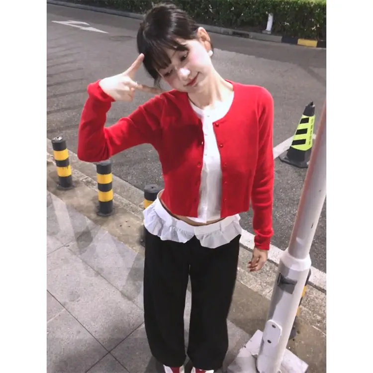 2025早秋新款女法式气质假两件圆领长袖上衣高腰显瘦拼接阔腿长裤