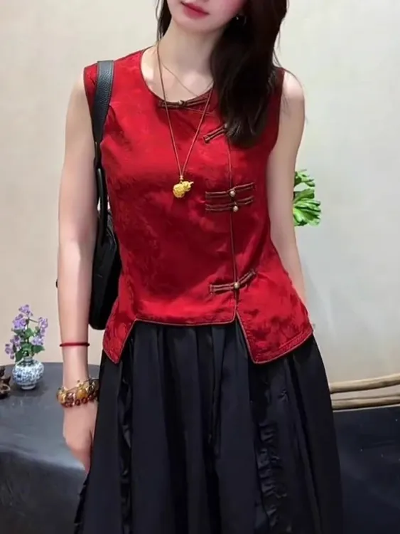 红色圆领无袖背心2025夏季新款女装斜襟门盘扣设计新中式国风上衣