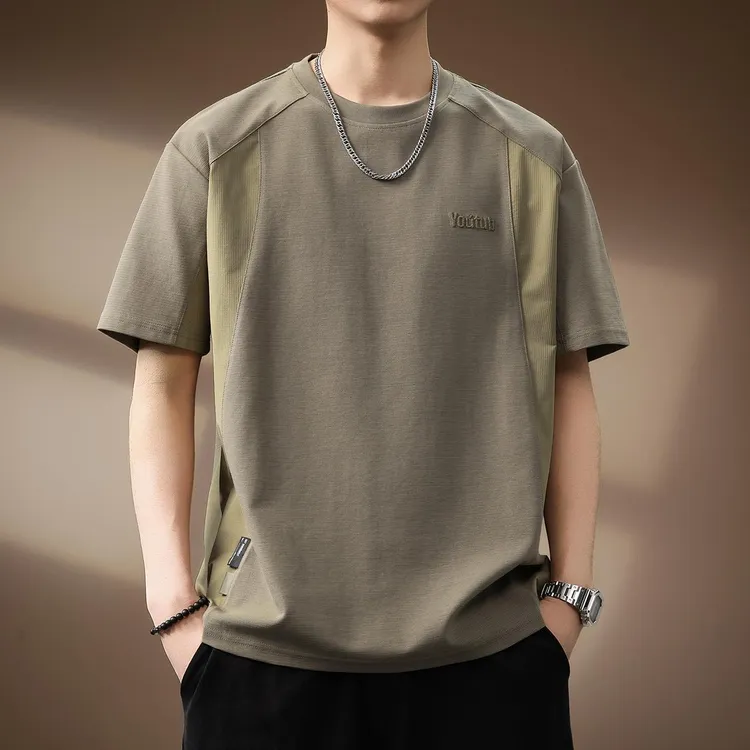 高端美式重磅肌理感短袖T恤男夏季潮牌宽松大码撞色拼接休闲体恤