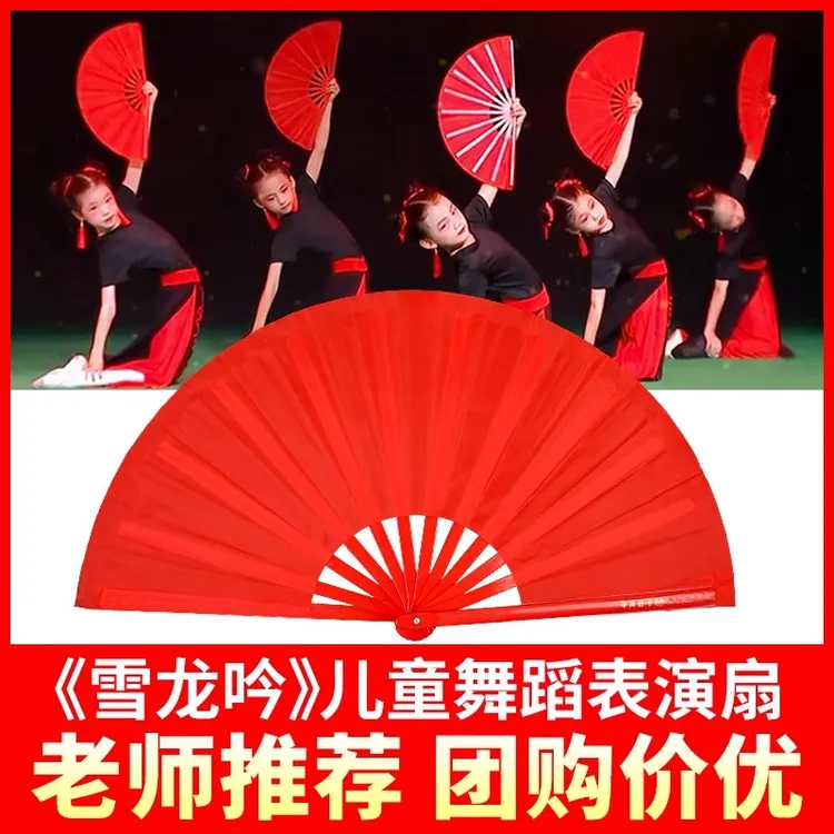 雪龙吟舞蹈扇子儿童表演中国风太极扇儿童双面红色金色折扇功夫扇