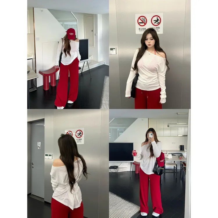 卤蛋公主【红白CP】早秋薄款白色长袖红色休闲直筒裤大码时尚套装女