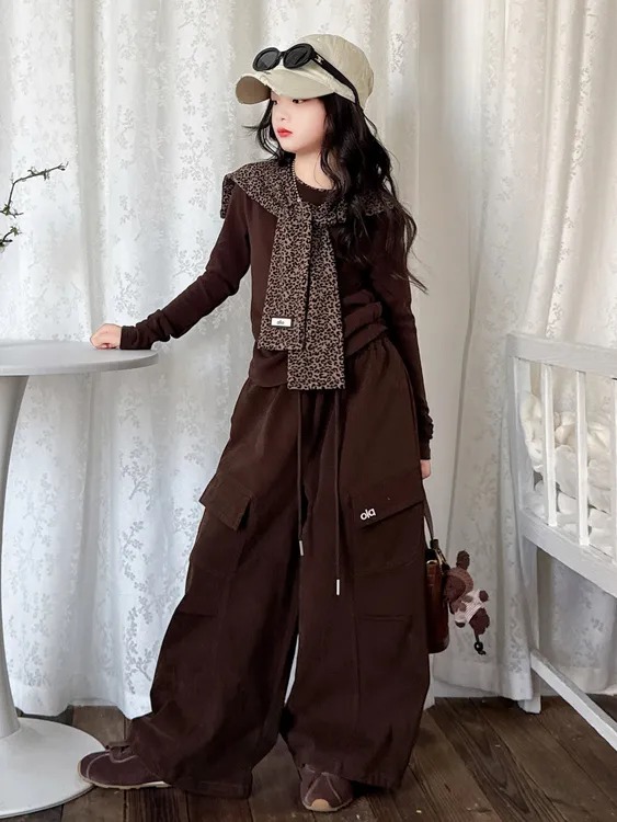 女童秋季套装2025新款儿童洋气时髦女宝秋季豹纹披肩牛仔裤两件套
