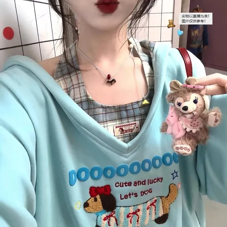 天一~甜酷少女腊肠狗刺绣长袖卫衣挂脖内搭阔腿裤短裙套装977515