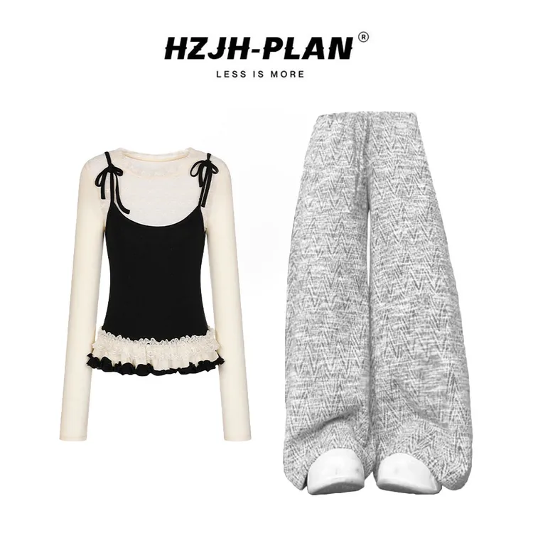 日系文艺减龄假两件拼接长袖t恤上衣秋季条纹休闲裤套装