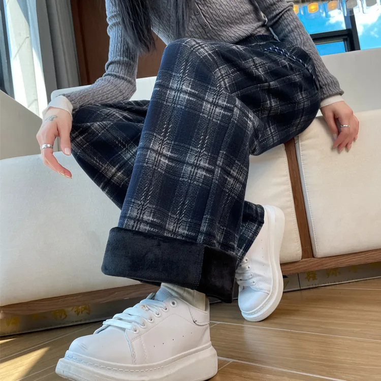 格子裤秋冬季加绒加厚高腰窄版直筒裤显瘦阔腿裤小个子九分休闲裤