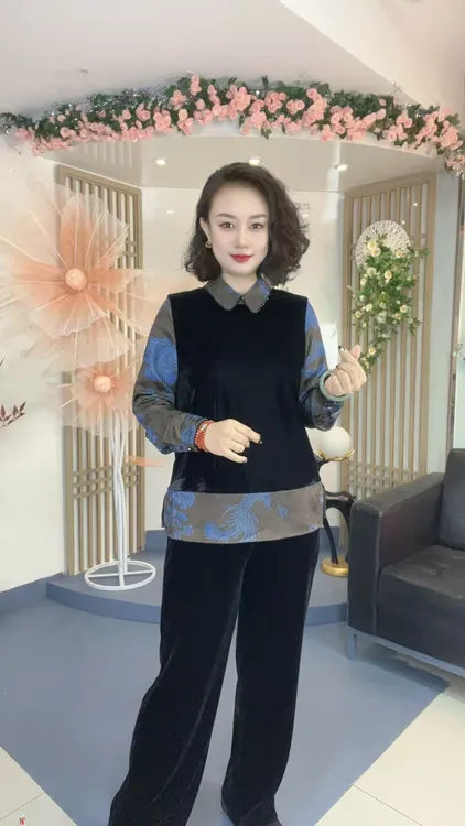 设计感复古印花拼接丝绒修身显瘦遮肉翻领衬衫内搭1721