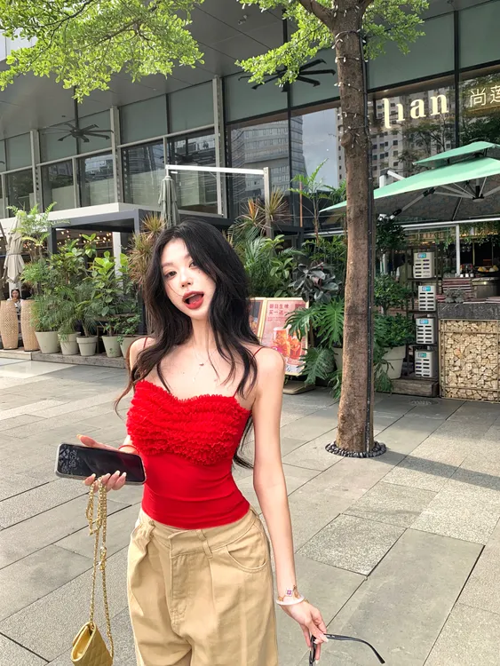 时尚小众设计感堆叠网纱木耳边吊带背心2025夏季细腻柔软上衣女