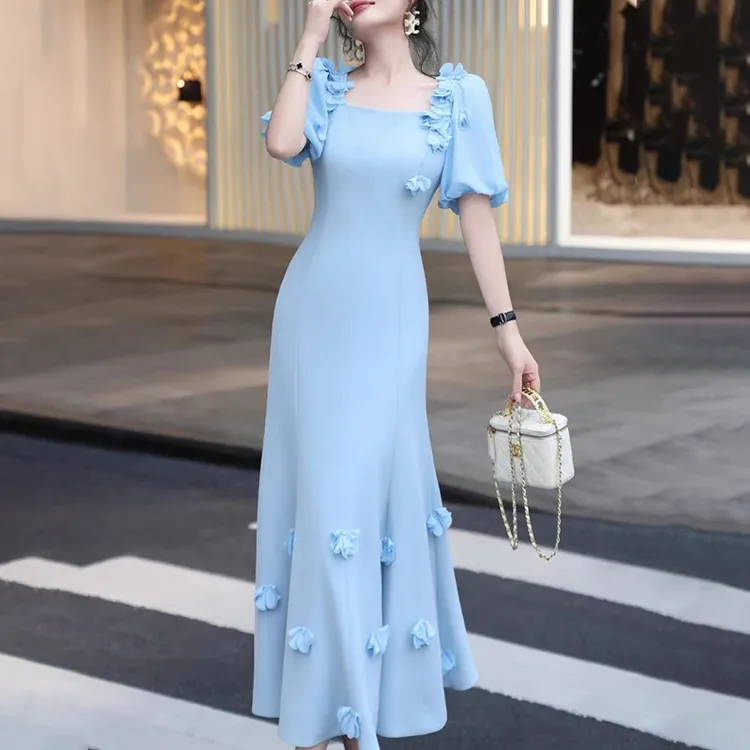 气质优雅风长款连衣裙2025新款纯色花朵拼贴泡泡袖高腰包臀长裙女