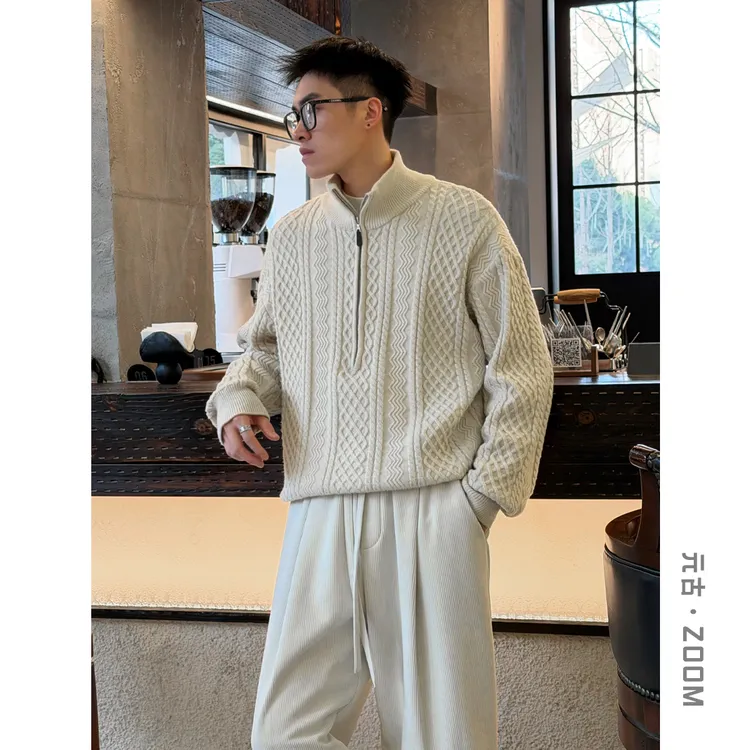 元古 定织麻花纹肌理半深领针织衫毛衣冬慵懒老钱风上衣男女009-1