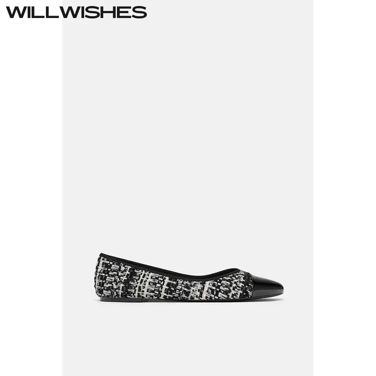 WILLWISHES/王玎设计秋季圆头浅口芭蕾舞平底鞋女小香风编织单鞋