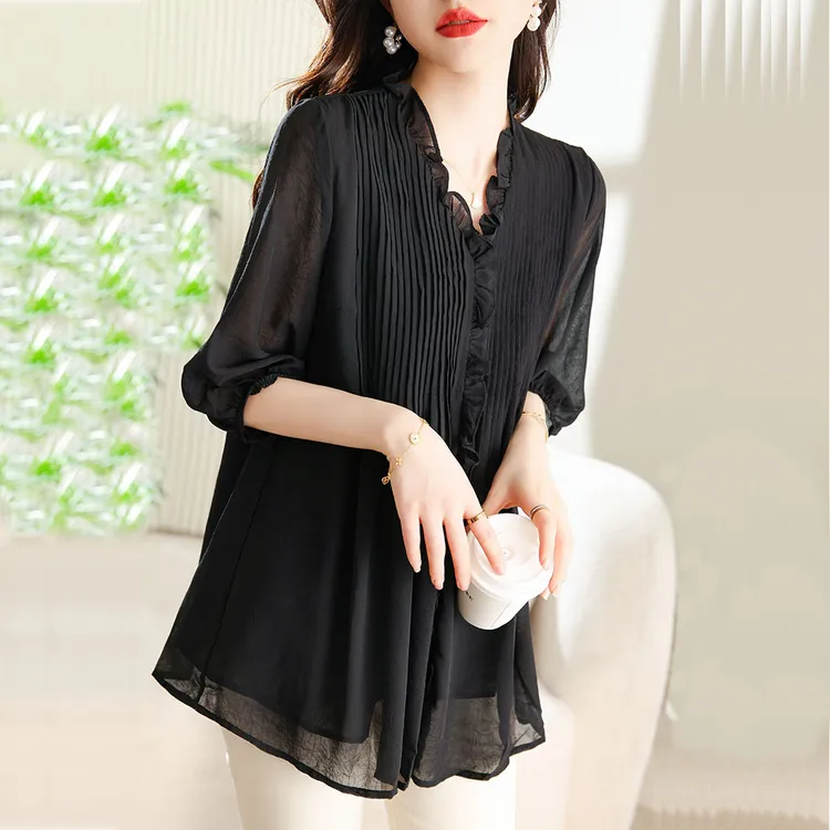 宽松黑色雪纺衫女夏大码女装七分袖中长款上衣显瘦减龄遮肚子T恤