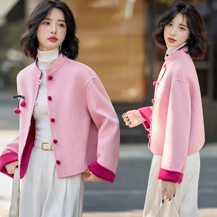 新中式粉色双面羊绒大衣女短款樱桃2025秋冬季小个子羊毛呢外套潮