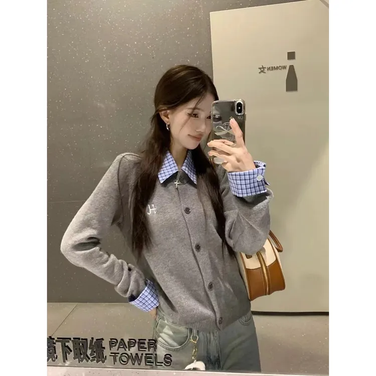学院风复古拼接假两件针织毛衣开衫女秋冬设计感小众短款翻领上衣