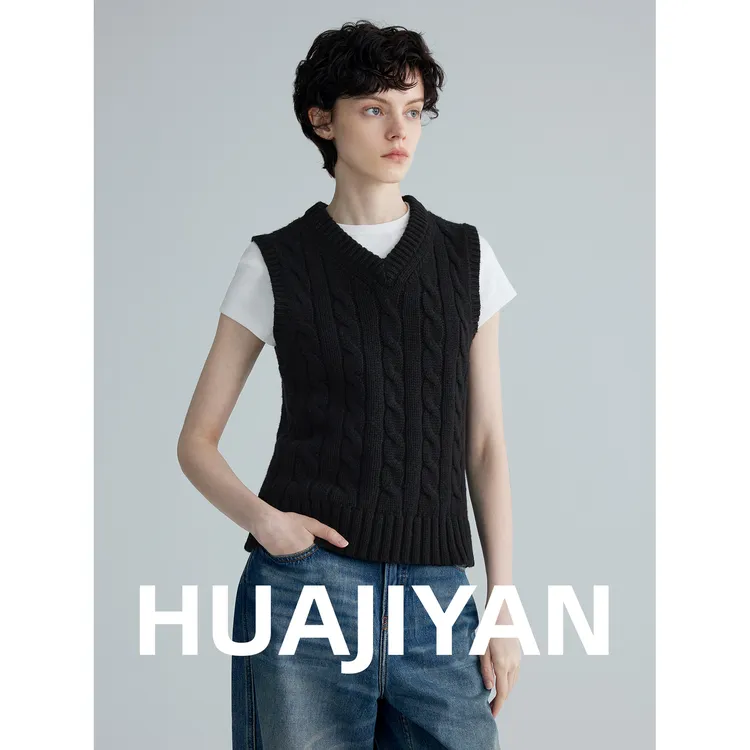 华吉言/HUAJIYAN【小麻花】绵羊毛混纺立体绞花针织背心马甲
