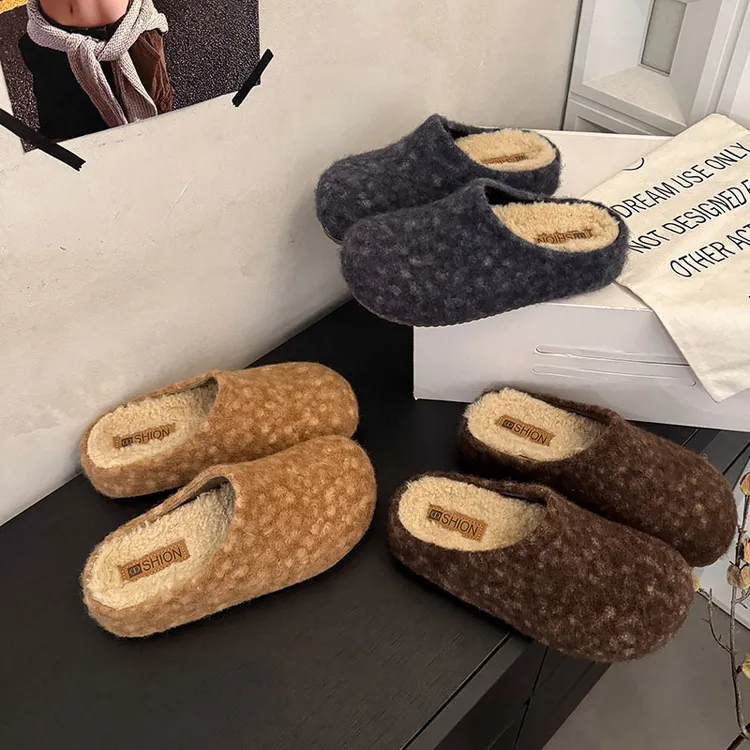 法式厚底内增高勃肯鞋2025新款秋一脚蹬毛呢博肯包头半拖鞋女外穿