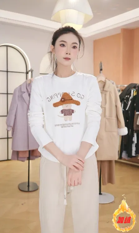 F3076【加绒】秋冬新款德绒时尚洋气卡通印花圆领长袖打底上衣