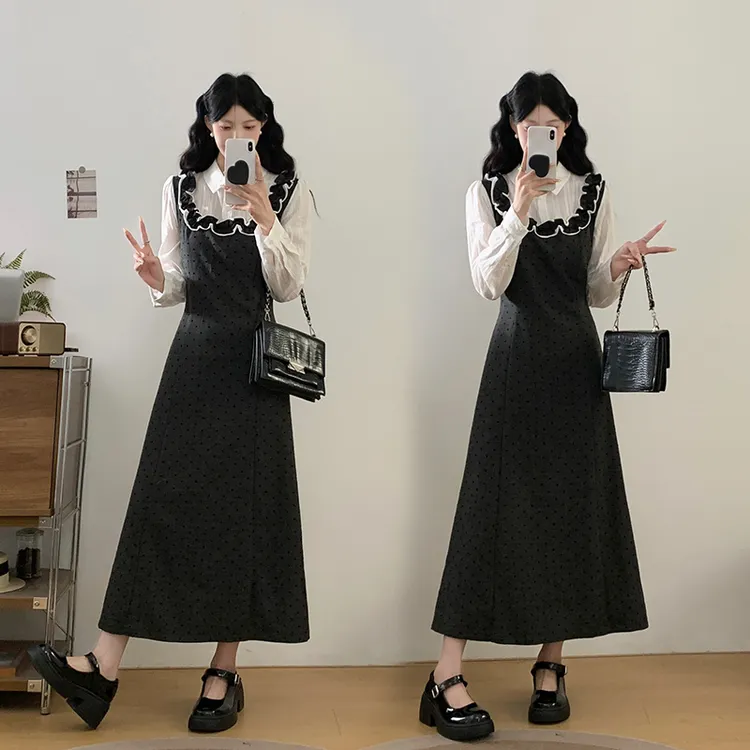 胖mm大码秋季气质爱心植绒荷叶边拼接假两件POLO领长袖A字长裙女