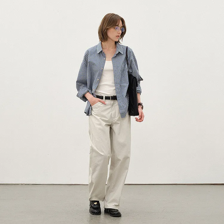 714street蓝色格子微宽松落肩纯棉长袖衬衫秋季miu系穿搭521212