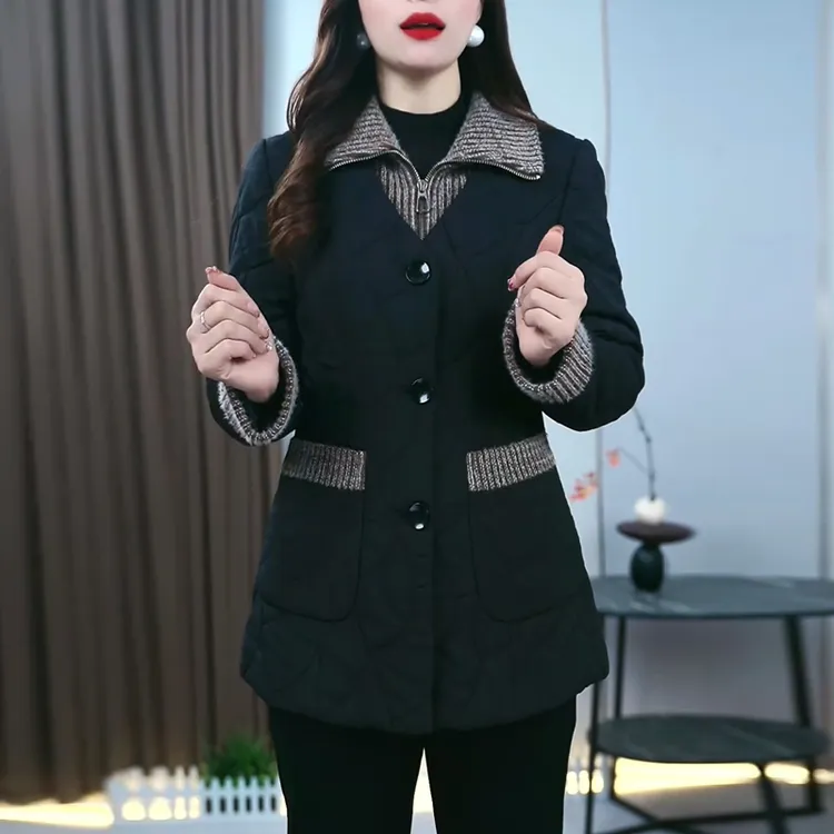 2025秋冬新款潮流拼接气质棉服假两件外套女洋气休闲百搭显瘦上衣