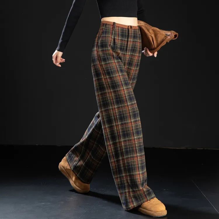秋冬加绒裤子女毛呢休闲裤女2025新款老钱风格子裤阔腿裤外穿长裤