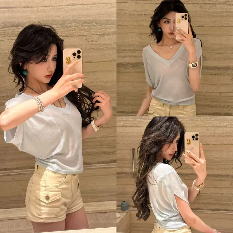 慵懒风V领短袖T恤蝙蝠袖微透上衣