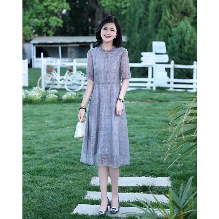 阿楠anan 闲庭叙语 木耳边圆领八片立裁收腰压褶晕染印花女连衣裙