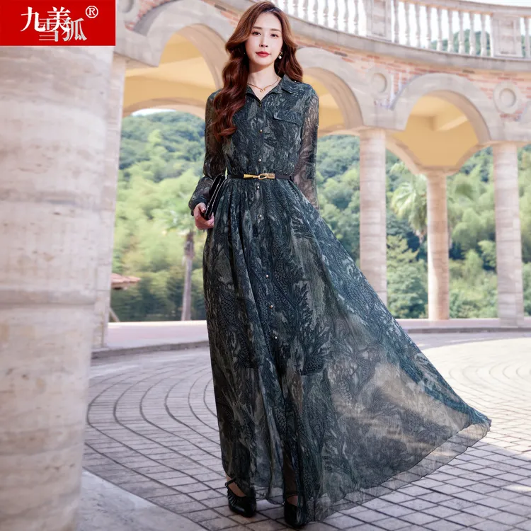 九美雪狐女装夏季欧美高个子雪纺到脚踝气质超长款拖地长裙连衣裙