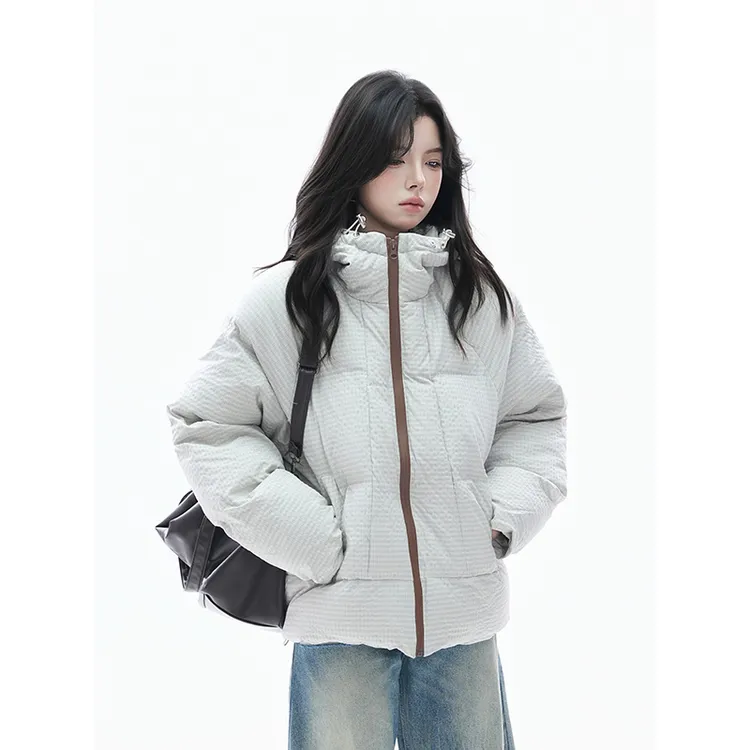 韩系高级感格纹撞色拉链棉服女冬季2025新款解构设计感保暖面包服