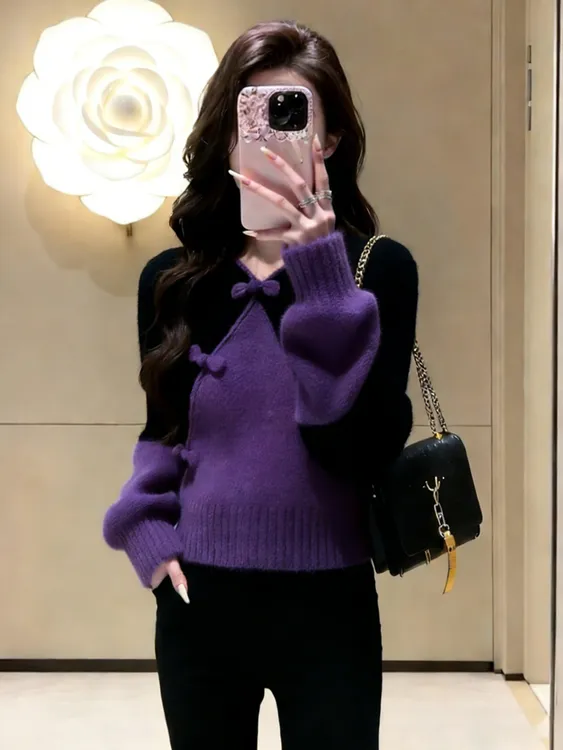 冬季慵懒高级感软糯设计感毛衣独特漂亮气质轻熟新中式撞色针织衫