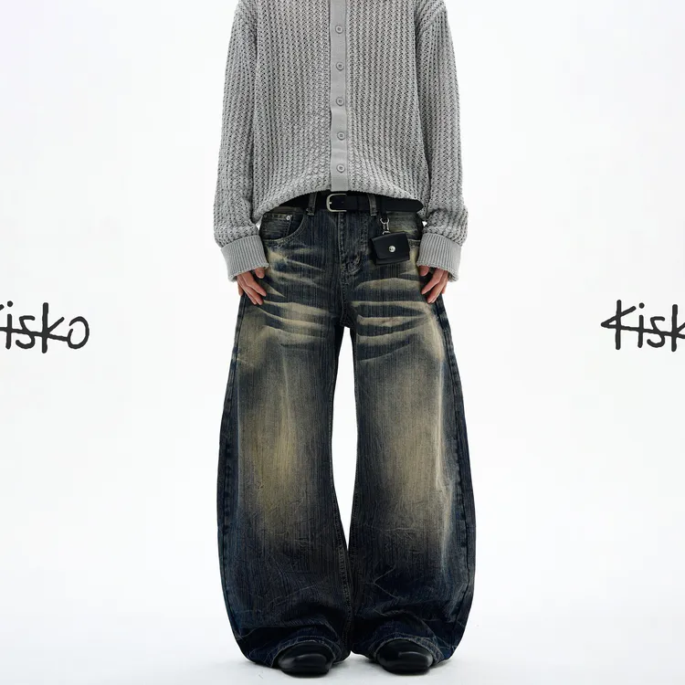 KISKO美式水洗做旧猫须竹节纹牛仔裤男女新款潮牌宽松直筒弯刀裤