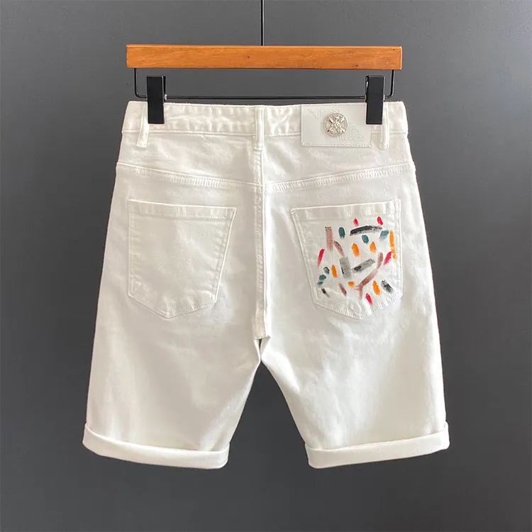 Tispair高端白色牛仔短裤男修身潮牌百搭弹力涂鸦印花时尚五分裤