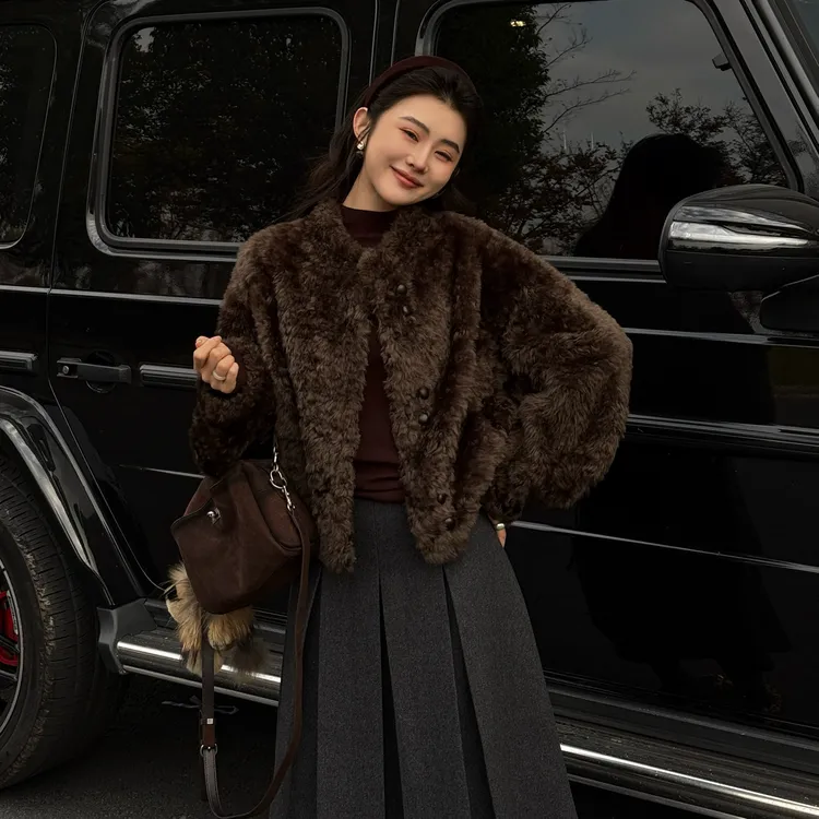 【郝洁】高级时髦百搭法国进口羊皮毛一体拉贡外套25807