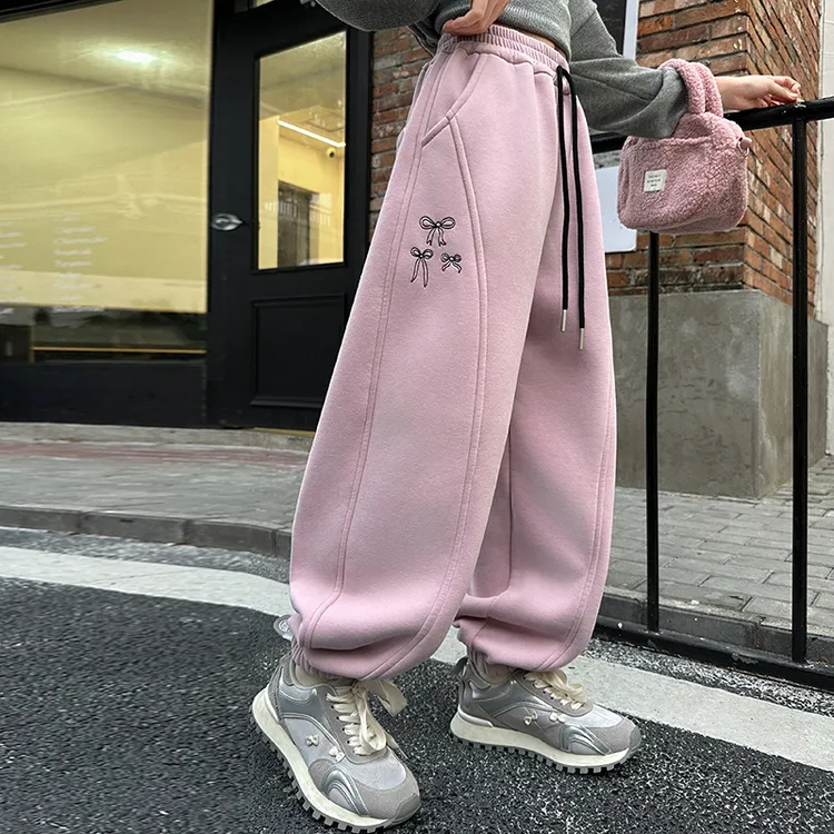 儿童冬装大女童装加绒裤子一体绒秋冬款粉红色运动卫裤冬季6-12岁