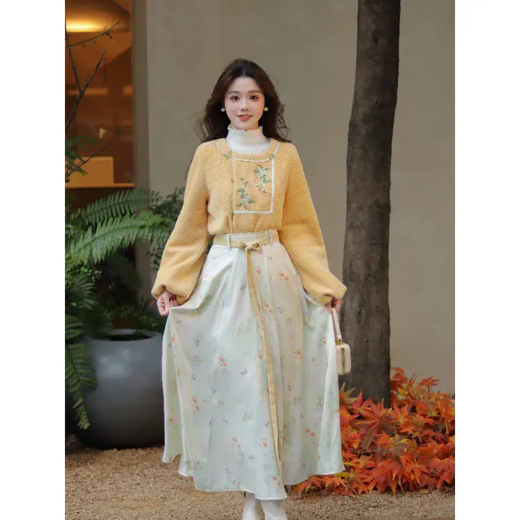 【冬日鹅黄】花卉刺绣上衣印花大摆裙温柔汉元服国风新中式套装