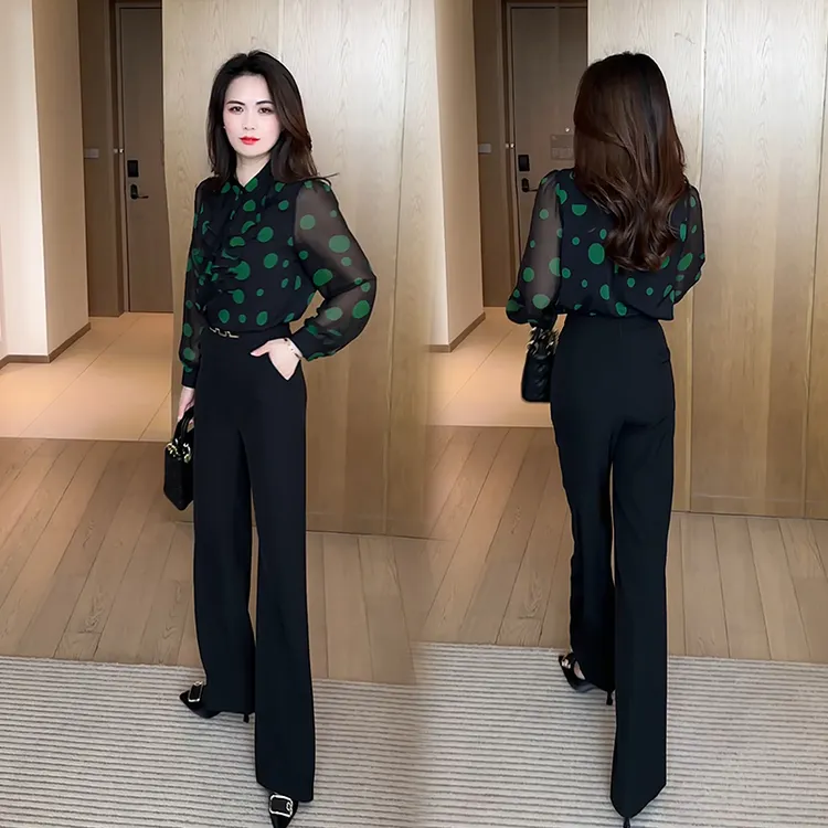 洋气波点雪纺衬衣套装女2025年春秋新款法式衬衫阔腿裤两件套