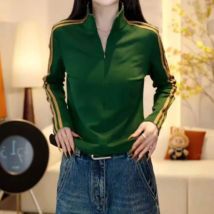 时尚修身显瘦半拉链打底上衣秋季新款洋气拼色条纹立领长袖T恤女