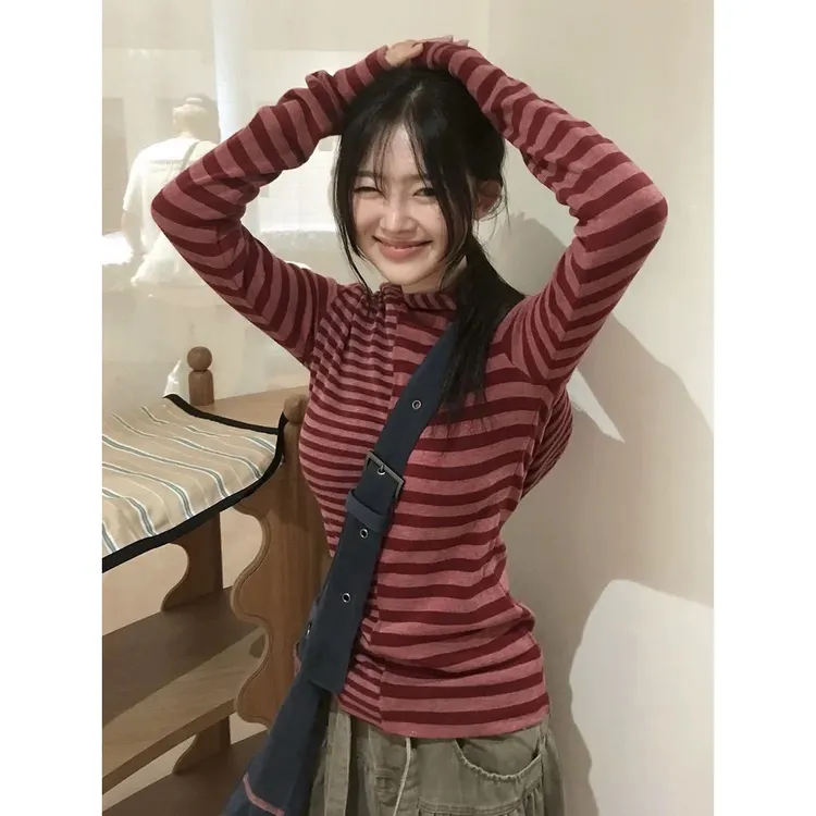 （运补6米）韩国coyseioT恤宽细条纹拼接撞色不对称连帽长袖女